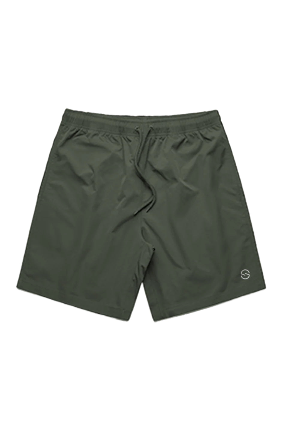STATIC Core Shorts in cypress green – unisex lightweight athletic shorts with drawstring waistband and minimalist logo