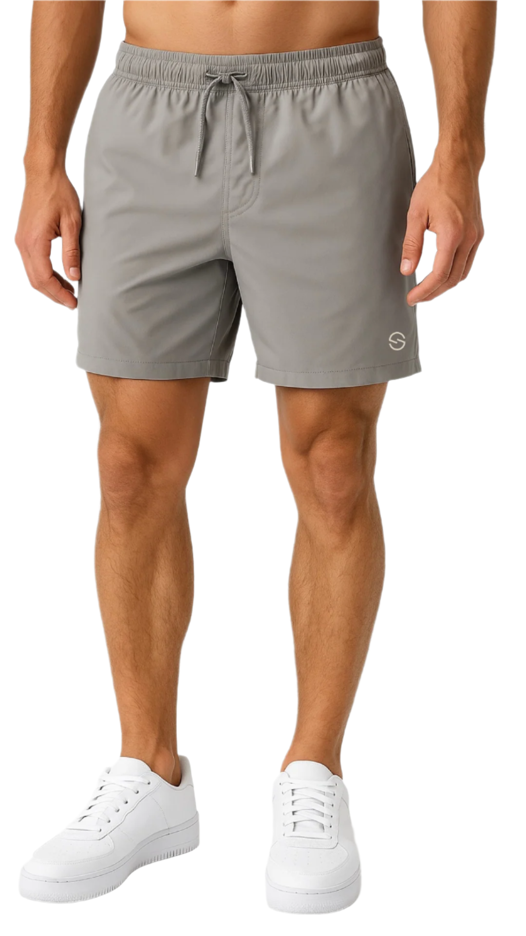 Male model wearing STATIC Core Shorts in storm grey – athletic fit with drawstring waist and minimalist logo